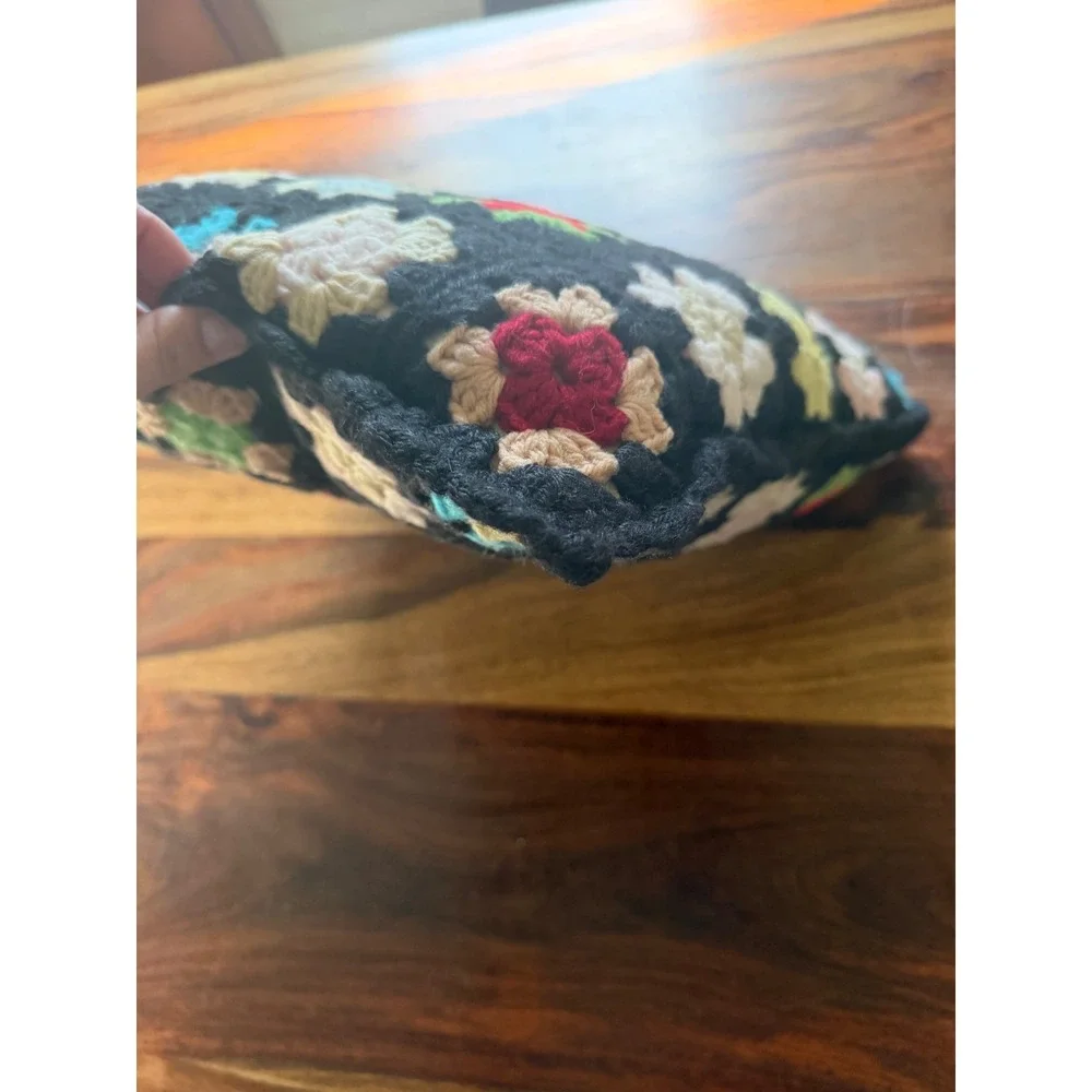 Handmade Crochet Granny Square Throw Pillow Black Multi Color Retro Boho 13x13